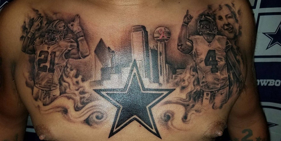 Cowboys super fan tattoos Dak & Zeke across his chest
